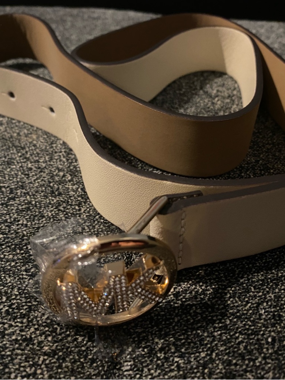 Michael Kors Two-Tone Beige and Brown Leather Belt with Gold Logo Buckle